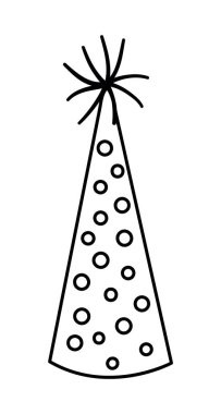 Siyah beyaz şirin bir doğum günü partisi şapkası. Kart ve parmak izi tasarımı için komik bir doğum günü aksesuarı. Çocuklar için ana hatlı tatil illüstrasyonu. Beyaz arkaplanda kutlama çizgisi simgesi izole edildi