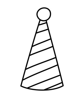 Siyah beyaz şirin bir doğum günü partisi şapkası. Kart ve parmak izi tasarımı için komik bir doğum günü aksesuarı. Çocuklar için ana hatlı tatil illüstrasyonu. Beyaz arkaplanda kutlama çizgisi simgesi izole edildi