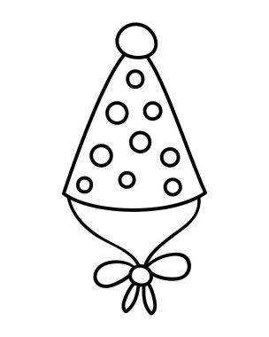 Siyah beyaz şirin bir doğum günü partisi şapkası. Kart ve parmak izi tasarımı için komik bir doğum günü aksesuarı. Çocuklar için ana hatlı tatil illüstrasyonu. Beyaz arkaplanda kutlama çizgisi simgesi izole edildi