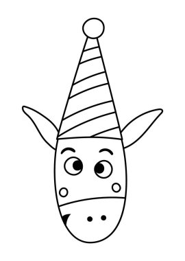 Parti şapkalı sevimli siyah beyaz zürafa suratlı. Doğum günü çizgisi hayvan avatarı. Çocuklar için komik kafa çizimi. Kutlama hattı ico