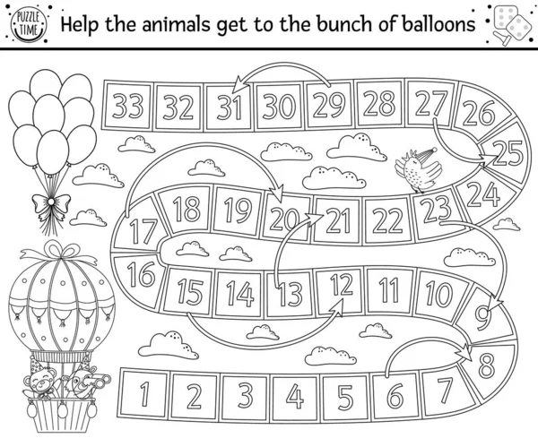 Születésnap Fekete Fehér Társasjáték Gyerekeknek Aranyos Állatok Hőlégballon Oktatási Vázlatos — Stock Vector