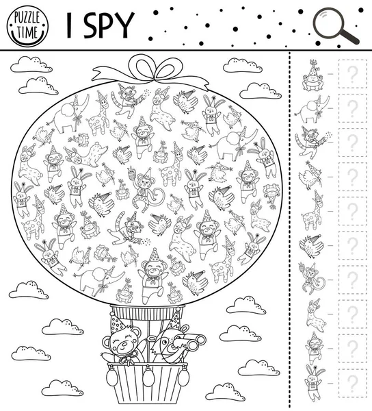誕生日は子供のためにスパイゲーム 熱気球で飛ぶかわいい動物と就学前の子供のための黒と白の活動を検索してカウントします 子供のための面白いラインパーティー印刷ワークシート — ストックベクタ