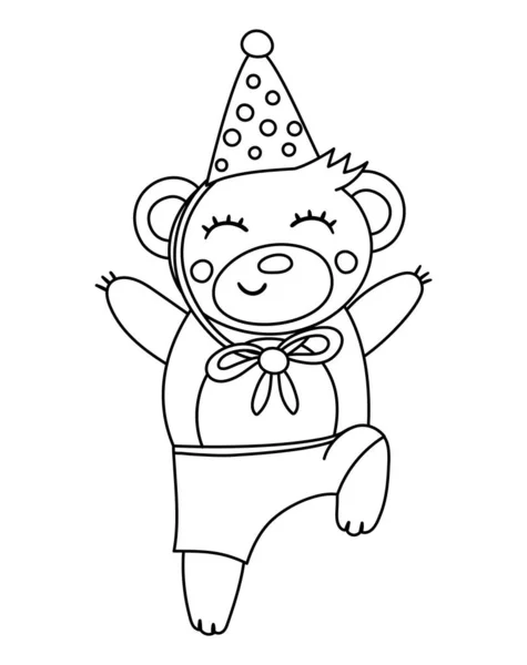 Vector Cute Black White Jumping Bear Birthday Hat Funny Outline — Stock Vector