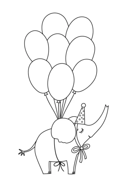 Mignon Vecteur Éléphant Noir Blanc Chapeau Fête Volant Sur Tas — Image vectorielle