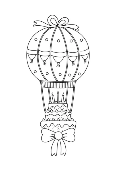 Roztomilý Černobílý Vektorový Dort Svíčkami Letícími Horkovzdušném Balónu Lukem Narozeninový — Stockový vektor