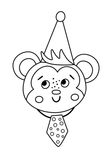 Vector Cute Black White Monkey Face Party Hat Birthday Outline — Stock Vector