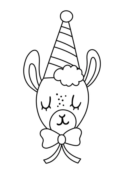 Vector Cute Black White Llama Face Party Hat Birthday Outline — Stock Vector