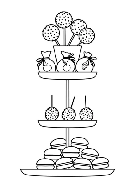 Vector Zwart Wit Verjaardagsdesserts Gelaagde Standaard Leuke Schets Grappige Viering — Stockvector