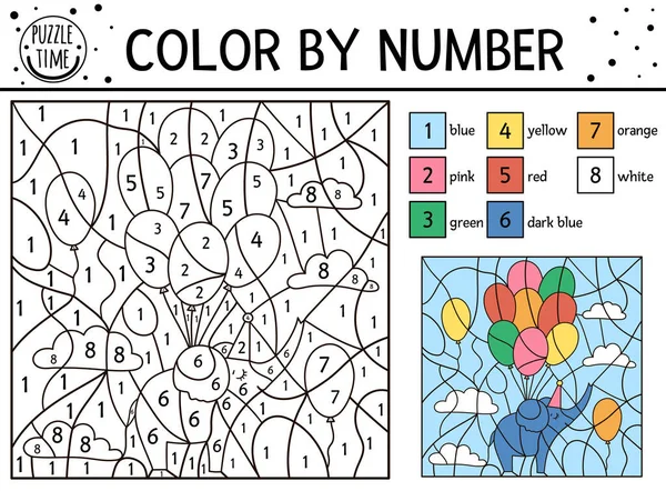 Vector Birthday Color Number Activity Elephant Flying Bunch Balloons Holiday Stock Vector