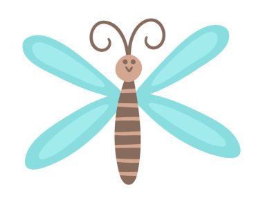 Vektör düz mavi yusufçuk ikonu. Tuhaf ormanlık, orman ya da bahçe böceği. Beyaz grupta izole edilmiş çocuklar için sevimli böcek çizimi