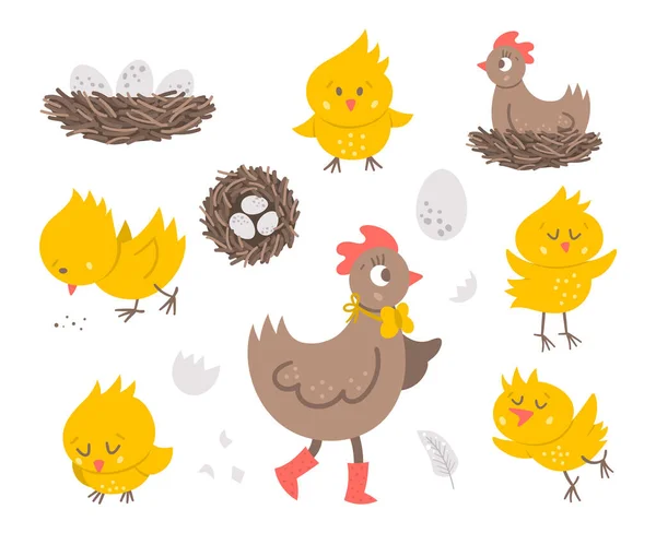 Векторный Набор Симпатичной Курицей Маленькими Цыплятами Яйцами Гнездом Весенняя Пасхальная — стоковый вектор