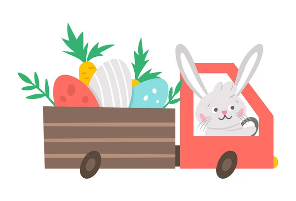 Vetor Ícone Caminhão Páscoa Com Ovos Coloridos Cenouras Bunny Dirigindo — Vetor de Stock