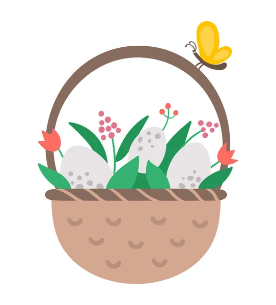 Cesta Vectorial Con Huevos Flores Icono Mariposa Símbolo Tradicional Pascua — Vector de stock