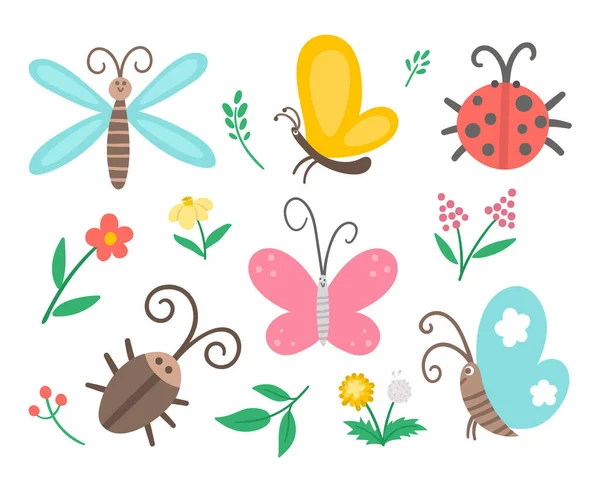 Vector Flat Insect First Flower Icons Pack Funny Spring Garden — Stock Vector