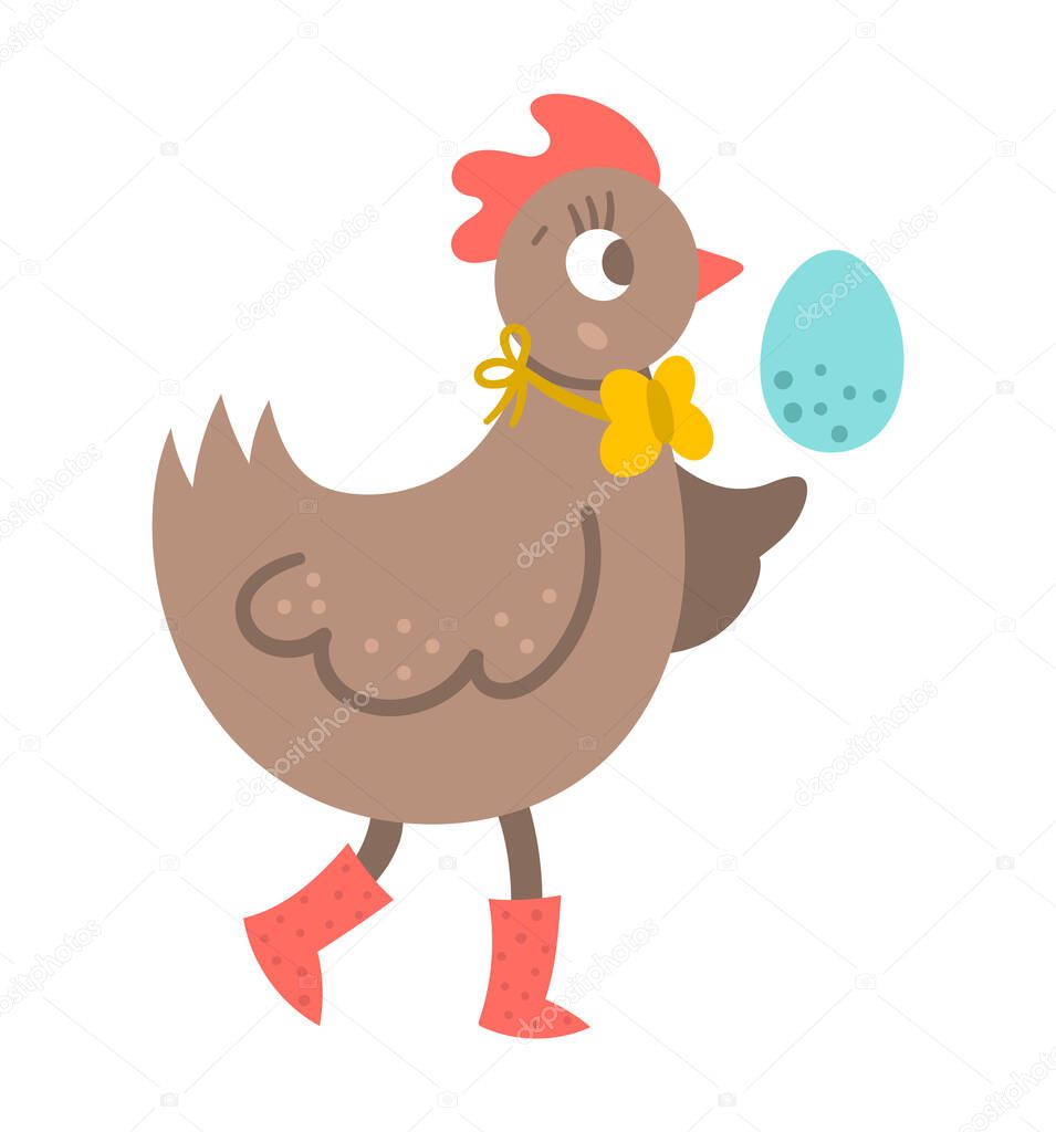 Vector funny hen icon. Farm bird in red boots with colored egg isolated on white background. Spring or Easter illustration. Cute domestic animal illustratio