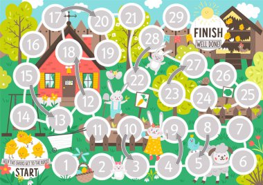 Bahçesinde sevimli tavşanları olan çocuklar için paskalya zarları oyunu. Kızlarla, renkli yumurtalarla, kır evleriyle eğitici tatil oyunları. Bahar eğitim aktivitesi. Yazdırılabilir çalışma tablosu