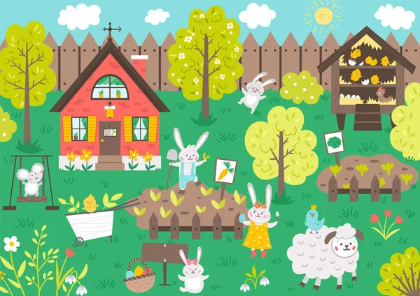 有可爱动物的病媒花园场景 春天的风景 有滑稽的兔子 用兔子家的房子 栅栏和花朵装饰精美的复活节插图 — 图库矢量图片