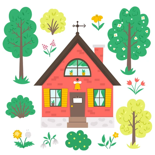 Set Vectorial Gradina Sau Copaci Plante Flori Casa Tara Izolata — Vector de stoc