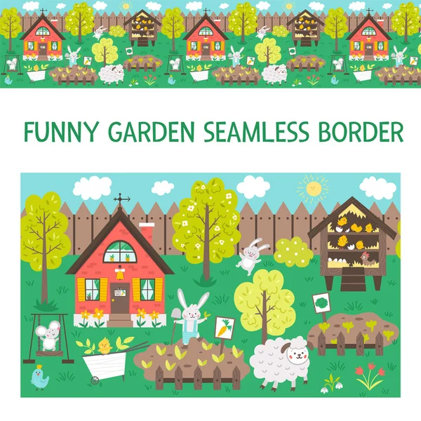 Vector Seamless Pattern Brush Cute Garden Scene Animals Spring Scenery — Stock Vector