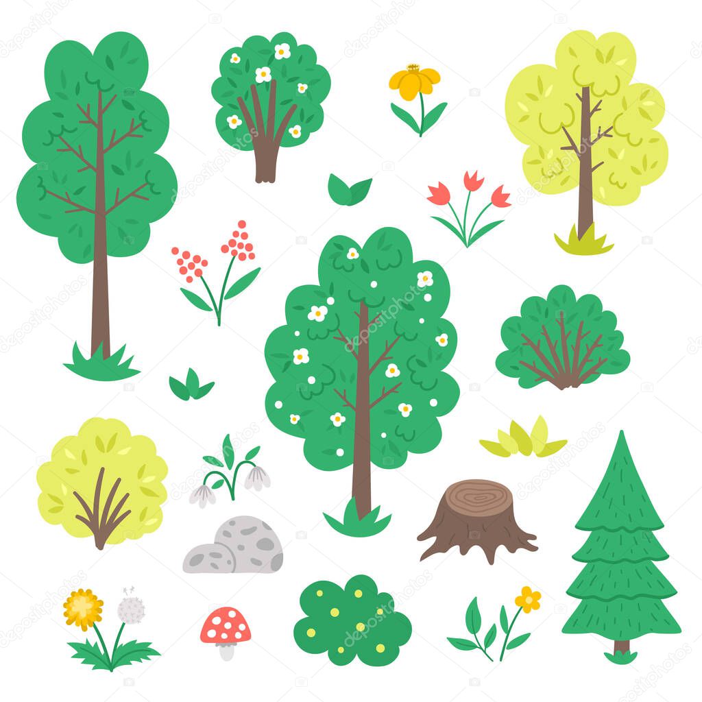 Vector set with garden or forest trees, plants, shrubs, bushes, flowers isolated on white background. Flat spring woodland or farm illustration. Natural greenery icons collectio