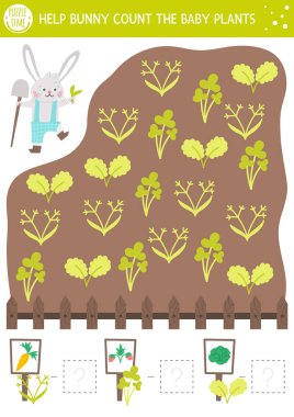 Tatlı bitkilerle Paskalya sayma oyunu ve bahçıvan Bunny. Anaokulu çocukları için bahar matematik aktivitesi. Basit basılabilir bahçe temalı çalışma tablosu. Çocuklar için eğitici bulmaca.