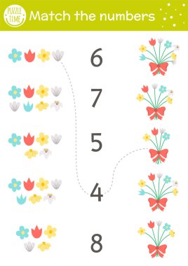 Paskalya oyunu bir buket bahar çiçeğiyle eşleşiyor. Bitkileri olan anaokulu öğrencileri için tatil matematik aktivitesi. Çocuk için komik unsurları olan eğitici basılabilir sayım çalışma tablosu