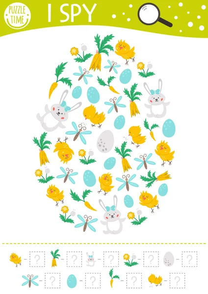 イースター私は子供のためのゲームをスパイ 卵の形に囲まれた伝統的な休日のオブジェクトを持つ就学前の子供のための活動の検索とカウント 子供のための面白い春の印刷可能なワークシート 単純なパズル — ストックベクタ