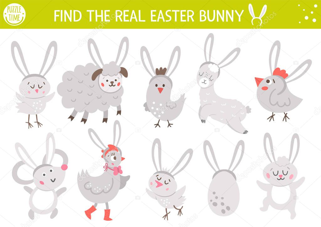 Find real bunny. Easter matching activity for children. Funny spring educational logical quiz worksheet for kids. Simple printable game with cute animals with rabbits ear
