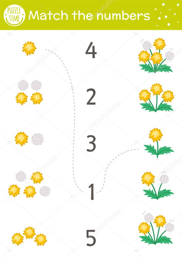 Easter matching game with spring flowers. Holiday math activity for preschool children with dandelions. Educational printable counting worksheet with cute funny elements for kid