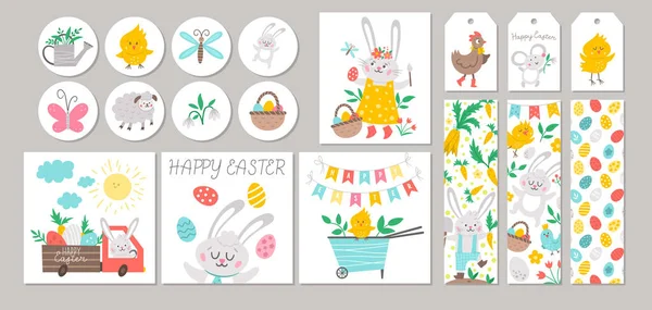 Mignon Ensemble Cartes Vente Printemps Avec Lapin Oeufs Colorés Fleurs — Image vectorielle