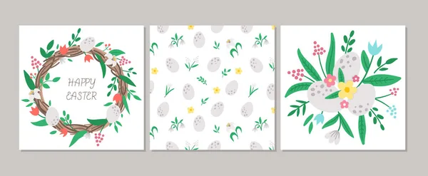 Leuke Set Vierkante Paaskaarten Met Eieren Eerste Bloemen Bladeren Vector — Stockvector