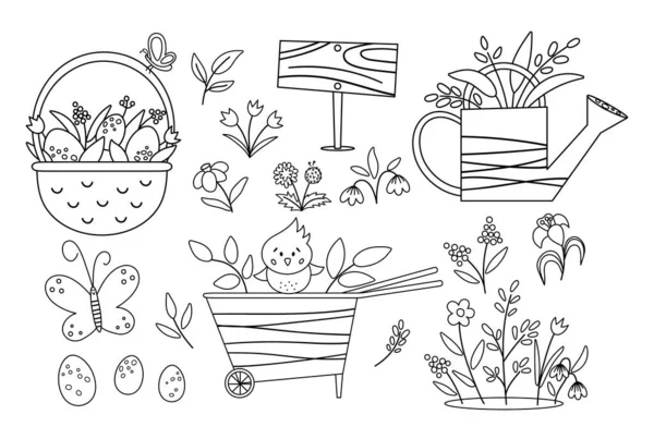 ベクトルかわいい黒と白の庭とイースターのアイコンパック ホイールバロー 散水缶 最初の花や植物の着色ページ 概要子供のための春の園芸ツールイラスト — ストックベクタ