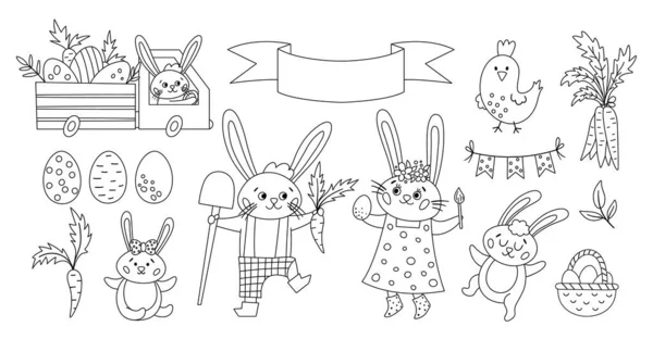 Векторный Черно Белый Семейный Набор Раскраска Пасхальных Кроликов Очертания Кролика — стоковый вектор