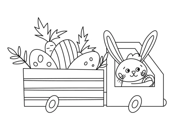 Wektor Czarno Biały Wielkanocny Zarys Ciężarówki Ikona Jaj Marchewki Bunny — Wektor stockowy