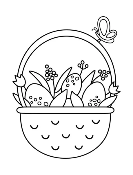 Vector Black White Basket Eggs Flowers Butterfly Icon Easter Outline — Stock Vector