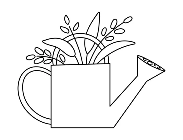 白地に植物のアイコンが隔離されたベクトルかわいい黒と白の散水缶 概要春の庭ツールイラスト 子供のための面白い園芸機器の画像や着色ページ — ストックベクタ