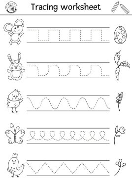 Vector Paskalya el yazısı alıştırması. Okul öncesi çocuklar için bahar basılabilir siyah-beyaz etkinliği. Şirin hayvanlarla ve geleneksel tedavilerle ilgili yazma becerileri için eğitici izleme oyunu