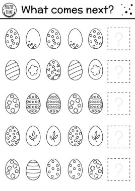 Sırada ne var? Anaokulu çocukları için yumurtalı Paskalya siyah beyaz eşleştirme etkinliği. Komik tatil bulmacası. Mantıklı çalışma çizelgesini özetle. Sıraya devam edin. Çocuk için basit bir bahar oyunu