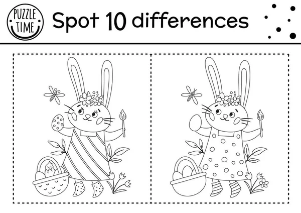 复活节为孩子们寻找不同的游戏 节日黑人和白人教育活动和彩色页面与有趣的兔子彩蛋 具有可爱性格的春季季节性可打印工作表 — 图库矢量图片