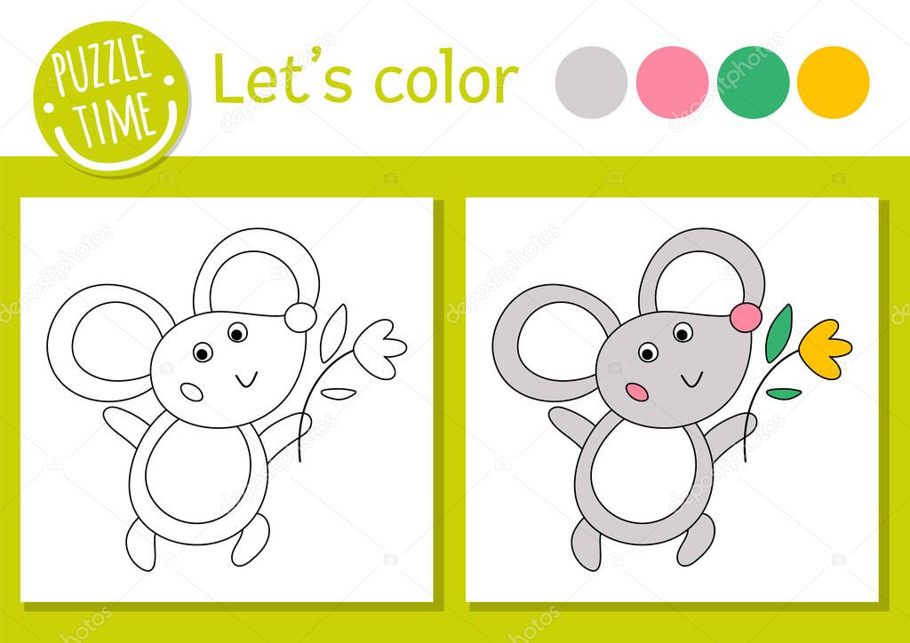 Easter coloring page for children. Funny mouse with flower. Vector holiday outline illustration with cute traditional animal. Adorable spring color book for kids with colored exampl