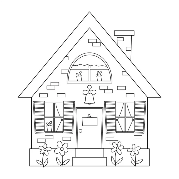 在白色背景上孤立的矢量黑白乡间别墅图标 农舍示意图概述 带门铃 窗帘的漂亮砖头 — 图库矢量图片