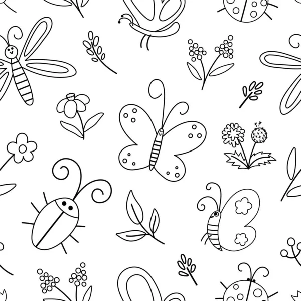 Insecte Vectoriel Noir Blanc Premier Motif Fleur Sans Couture Jardin — Image vectorielle