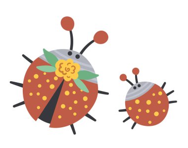 Vector el çizimi bebek uğur böceği ebeveyni beyaza izole edilmiş. Komik bohem tarzı orman böceği sahnesi aile sevgisini gösteriyor. Kart, baskı, kırtasiye tasarımı için şirin boho orman illüstrasyonu