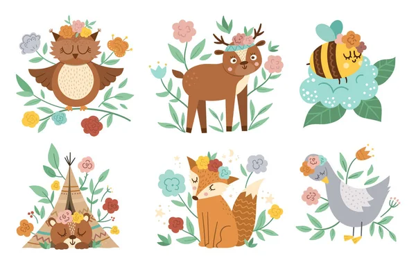 Vector woodland animals, insects and birds collection. Boho forest floral compositions. Bohemian fox, owl, bear, deer, goose with flowers on heads. Celestial clip art with cute characters for cards