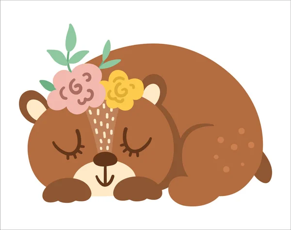 Векторный Ручной Медведь Цветами Голове Симпатичный Богемный Стиль Спящих Лесных — стоковый вектор