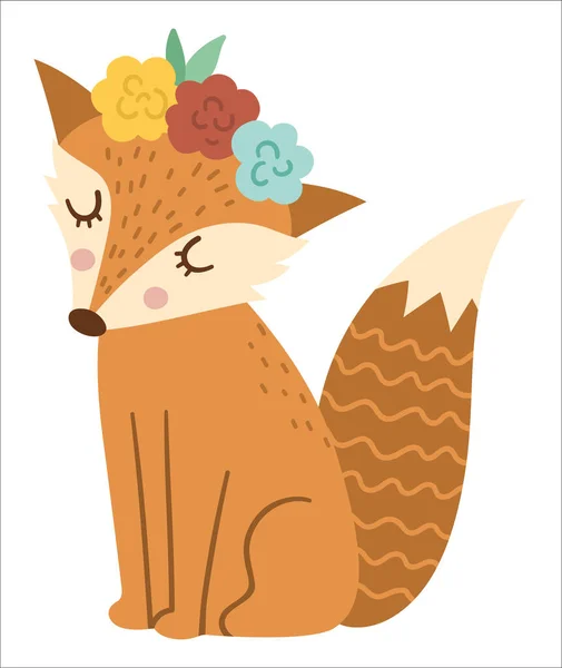 Zorro Dibujado Mano Vectorial Con Flores Cabeza Lindo Icono Animal — Vector de stock