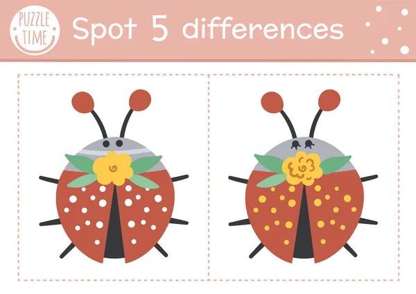 Find Differences Game Children Woodland Educational Activity Funny Ladybug Printable — Stock Vector