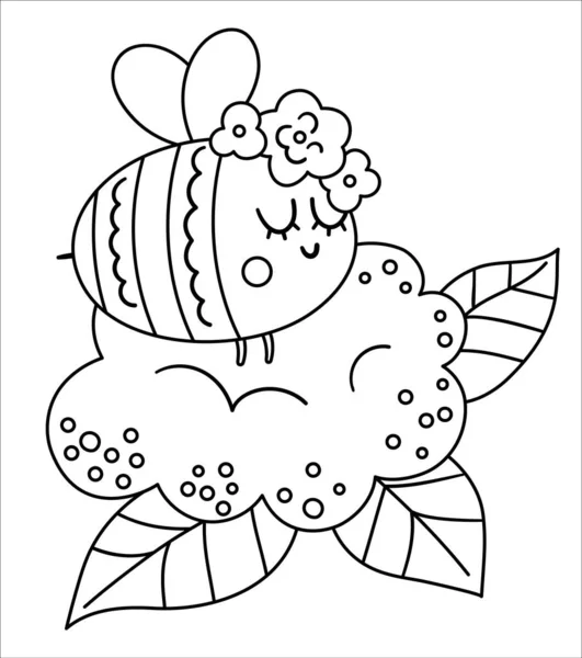 頭の上に花とベクトルボヘミアンバンブルビー 白地に黒と白の昆虫が隔離されている 動物とボホールの森の花の組成 森林彩色ページ — ストックベクタ