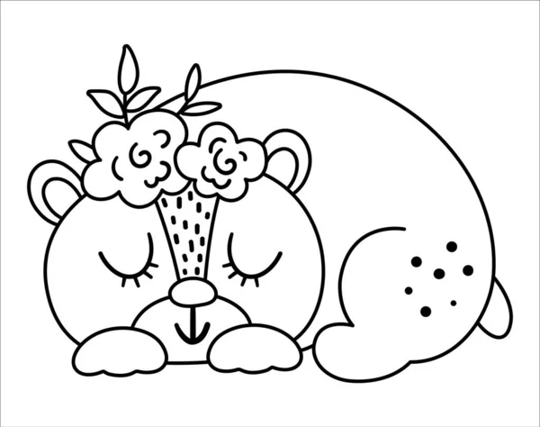頭の上に花とベクトル黒と白の睡眠クマ 白い背景に隔離されたかわいいボヘミアンスタイルの森林動物ラインアイコン カードやプリントデザインのための甘いBohoの森のイラスト — ストックベクタ