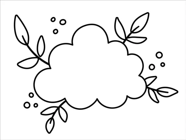 Nuage Vectoriel Noir Blanc Avec Feuilles Icône Ligne Météo Coloriage — Image vectorielle